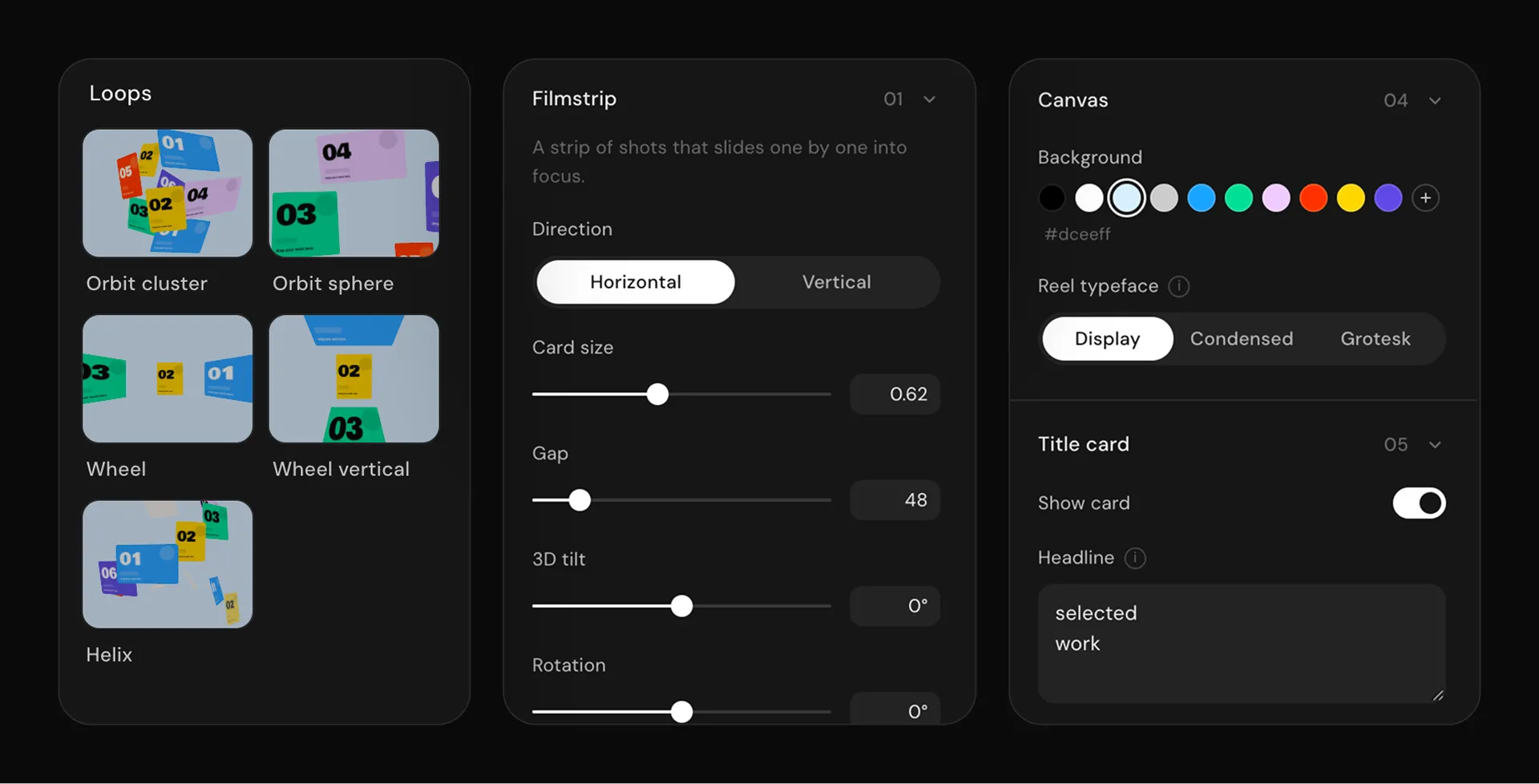 Three panels from the Spool interface on black: the Loops template picker with Orbit cluster, Orbit sphere, Wheel, Wheel vertical and Helix thumbnails; the Filmstrip template’s controls, direction, card size, gap, 3D tilt and rotation; and the Canvas and Title card panels with background swatches, a reel typeface choice and a headline field.