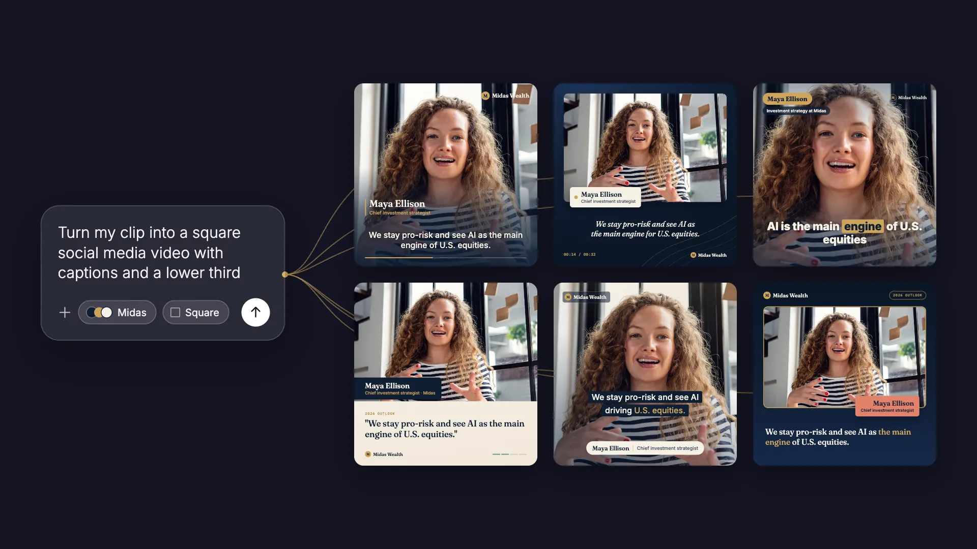 One prompt, asking to turn a clip into a square social media video with captions and a lower third, with the Midas brand and the square format selected. Lines run from it to six square videos generated from it. Each has a different layout, caption style and lower third, and the speaker’s title and the caption wording vary between them.