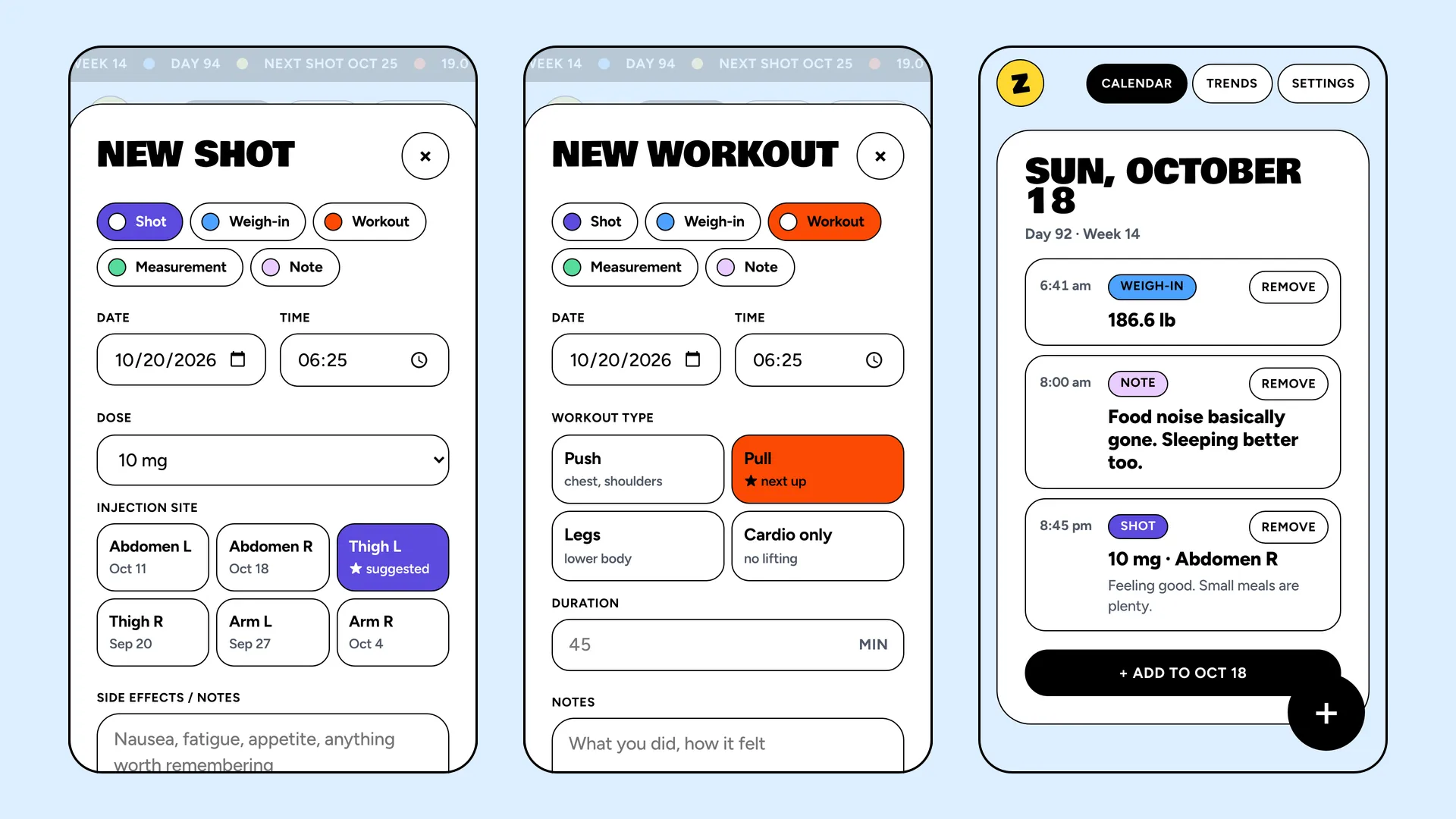Three phone screens: the new shot form with dose and a grid of injection sites marking the suggested one; the new workout form with push, pull, legs and cardio options; and a day’s detail view.