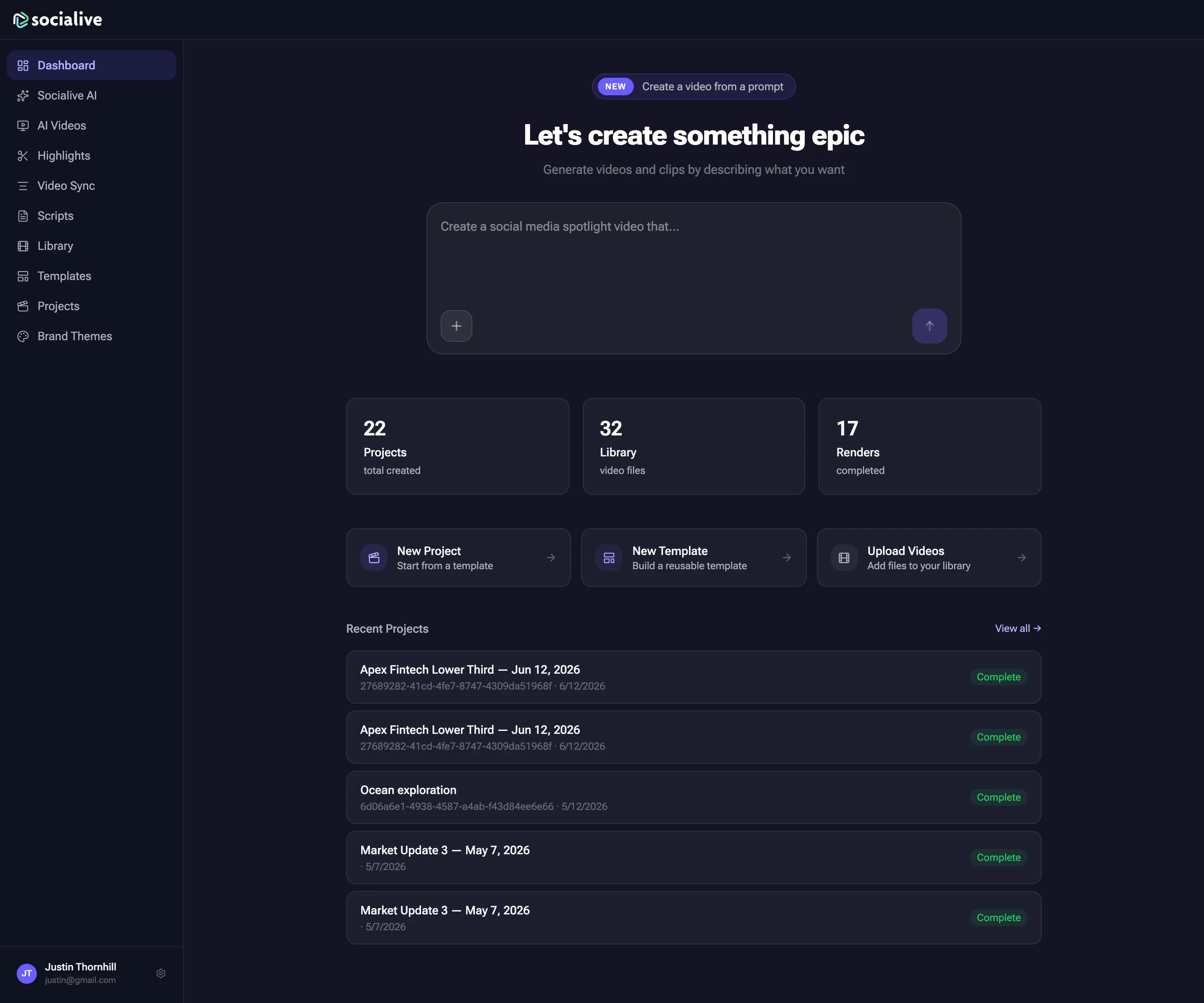 The weekend prototype’s dashboard: a prompt box asking what video to create, project and render counts, shortcuts to start a project or template, and a list of recent projects.