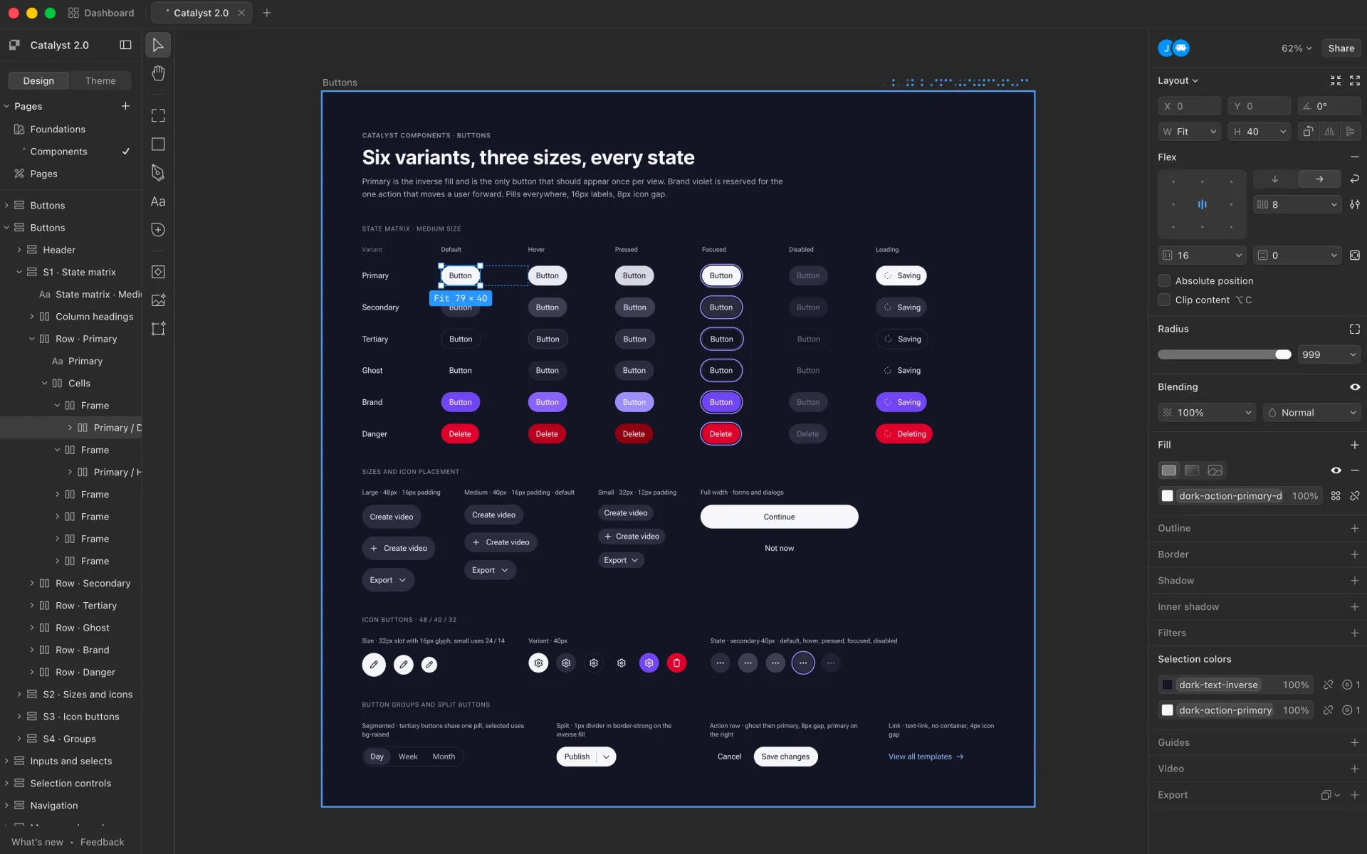 The Catalyst 2.0 design file in Paper: a Buttons page showing six variants in every state, with the primary button selected. The property panel on the right shows its height of 40, padding of 16, gap of 8, a radius of 999, and a fill bound to the token dark-action-primary with text bound to dark-text-inverse.
