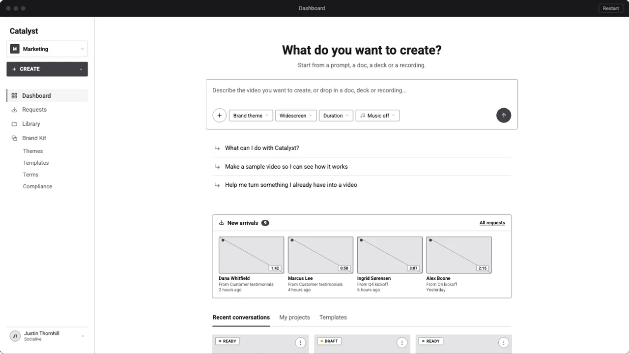 The Catalyst prototype: a dashboard with a prompt box, recent videos and a sidebar, inside a browser-like frame.